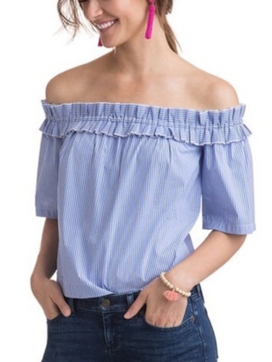 Vineyard Vines Tops - Vineyard Vines Blue & White Striped Off-Shoulder Ruffle Top | Medium | NWT